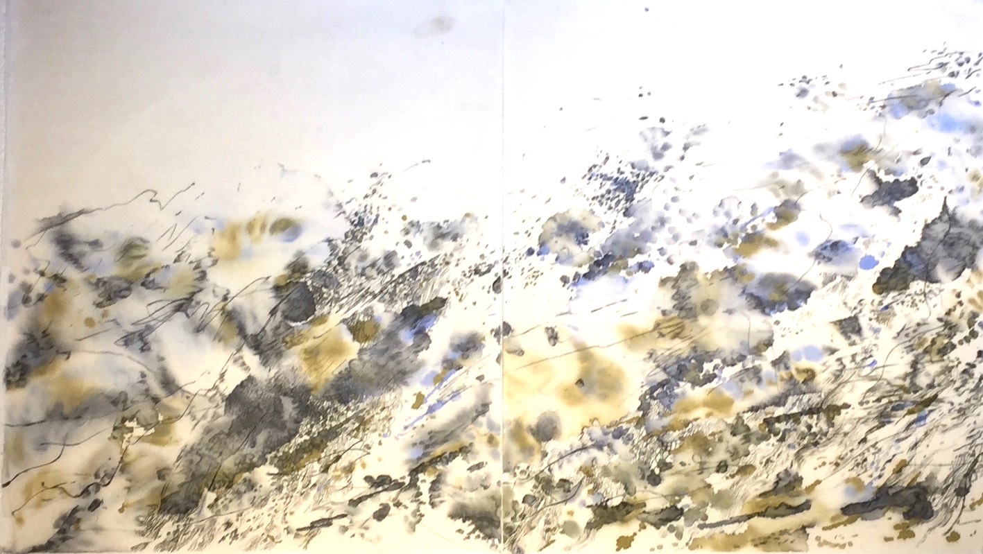 Earth Stream 空に流れる土 98 X 56.5 cm Sumi ink,water colour, acrylic 墨、水彩絵具、アクリル　　2020 jpeg